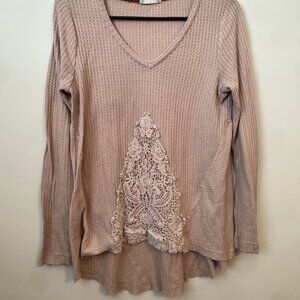 Altar’d State Size Small (S) Women's Taupe Waffle Knit V-Neck Top with Lace Deta